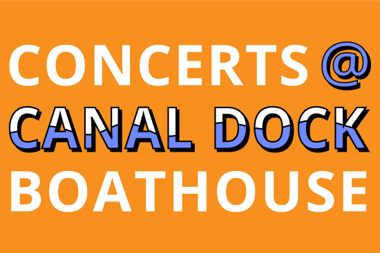 A rectangular, goldenrod colored logo with white letters that says Concerts at Canal Dock in white. The words Canal Dock have a blue wavy line running through them, implying the waves of the water at the boathouse.