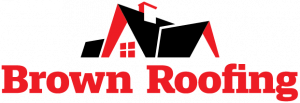 A red and black logo that says Brown Roofing with a black and red roofline above the words