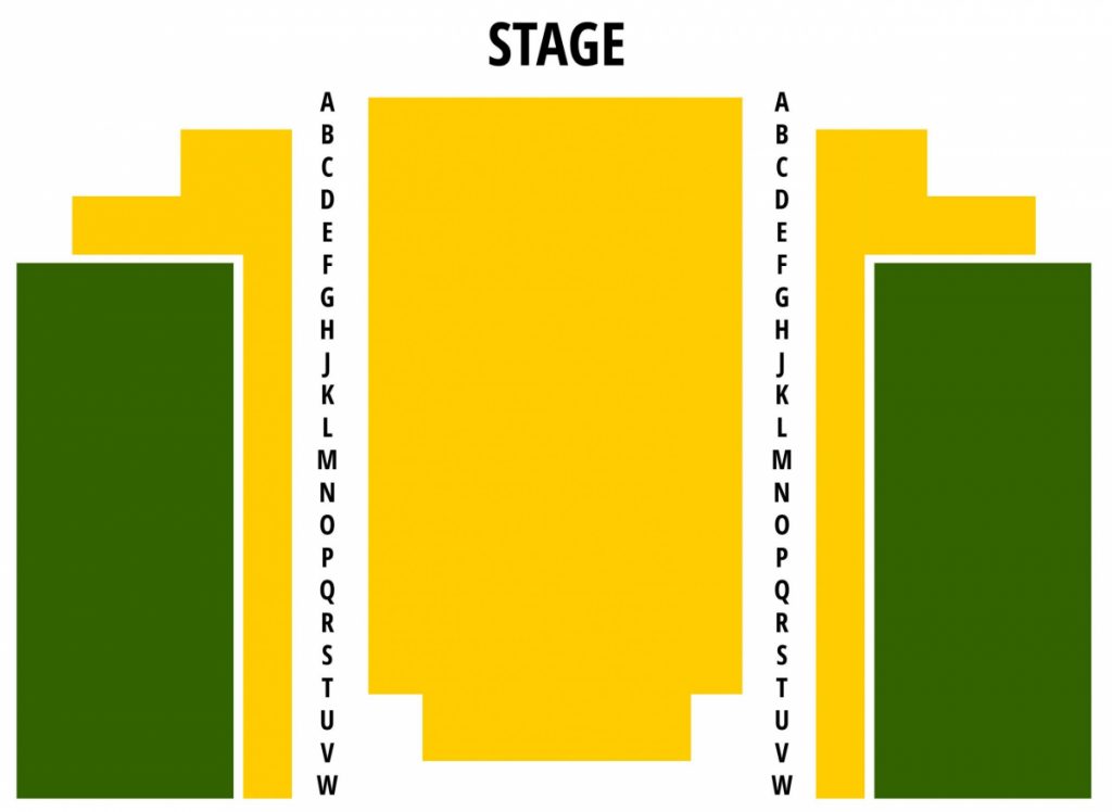 A seating map that shows rows A through W. There is a left, right and center section. The center section, as well as the front 5 rows and center aisles of the left and right sections, are Price Point A. The extreme left and right sections are price point B.