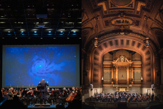 Two pictures of the Lyman Center and Woolsey Hall side-by-side. The Lyman Center photo shows the orchestra straight on from the audience's perspective with a brilliant blue image projected on a screen behind them. The Woolsey Hall image shows the grandeur of the space, with a large golden colored turn of the century design including organ pipes rising up above the orchestra.