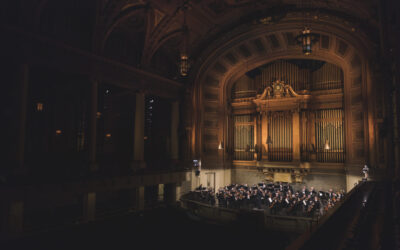 The orchestra plays on the stage at Woolsey Hall. The Hall is in shadows, and the golden organ pipes rise over the orchestra creating a moody and dynamic scene.