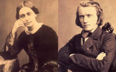 A sepia toned photo montage of Clara Schumann and Johannes Brahms side by side.