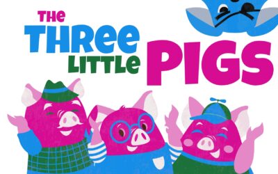 "The Three Little Pigs" written in bright, whimsical font with images of three happy pigs and one sneaky wolf peeking over the top of the image.