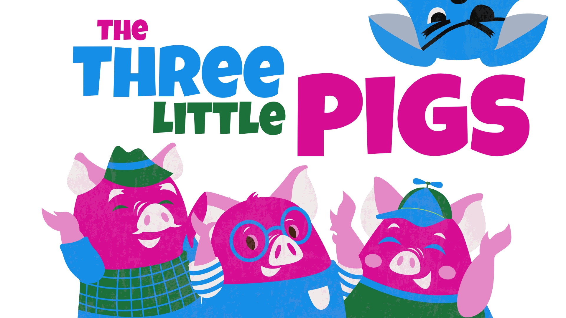 "The Three Little Pigs" written in bright, whimsical font with images of three happy pigs and one sneaky wolf peeking over the top of the image.