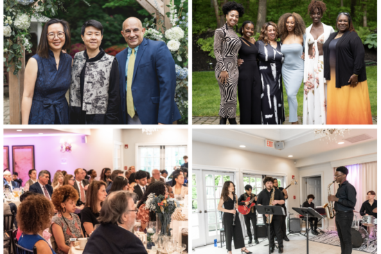 4 images from recent NHSO galas showing people laughing, playing music, and enjoying themselves while dressed up in festive attire.