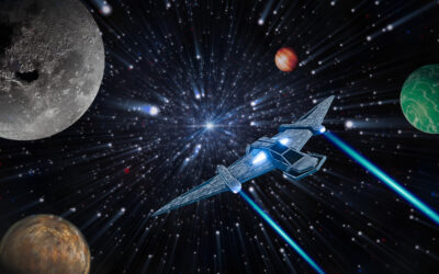 A futuristic space craft blasts through the galaxy at the speed of light. There are planets of various sizes and color and stars all flying past.