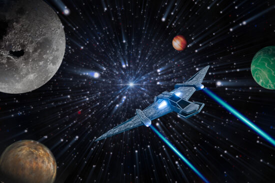 A futuristic space craft blasts through the galaxy at the speed of light. There are planets of various sizes and color and stars all flying past.