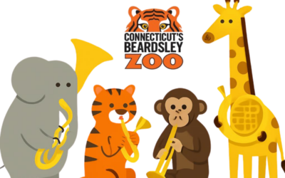 A cartoon elephant, tiger, monkey, and giraffe play brass instruments. Between them is the logo for the Beardsley Zoo.