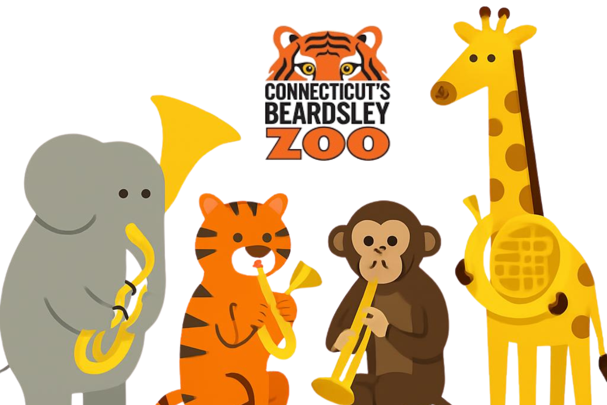 A cartoon elephant, tiger, monkey, and giraffe play brass instruments. Between them is the logo for the Beardsley Zoo.
