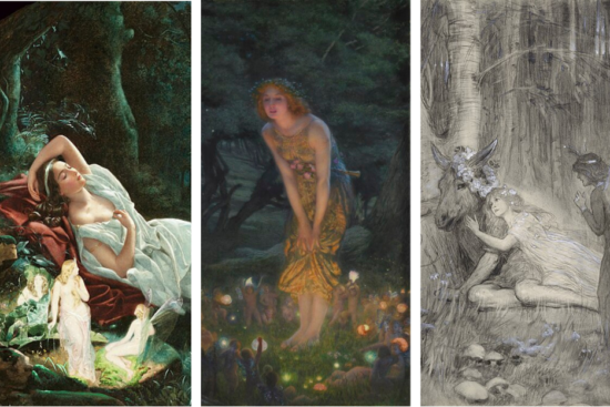 Three enchanting paintings from the magical world of William Shakespeare&rsquo;s A Midsummer Night&rsquo;s Dream, depicting beautiful fairies, glowing lights, and a donkey with flowers.
