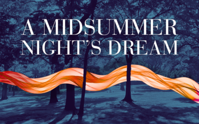 The concert's title, "A Midsummer Night's Dream" is written boldly in white across the image, which shows a dusky image of East Rock Park with a magical, mysterious gold fabric wrapping though the trees and woods.
