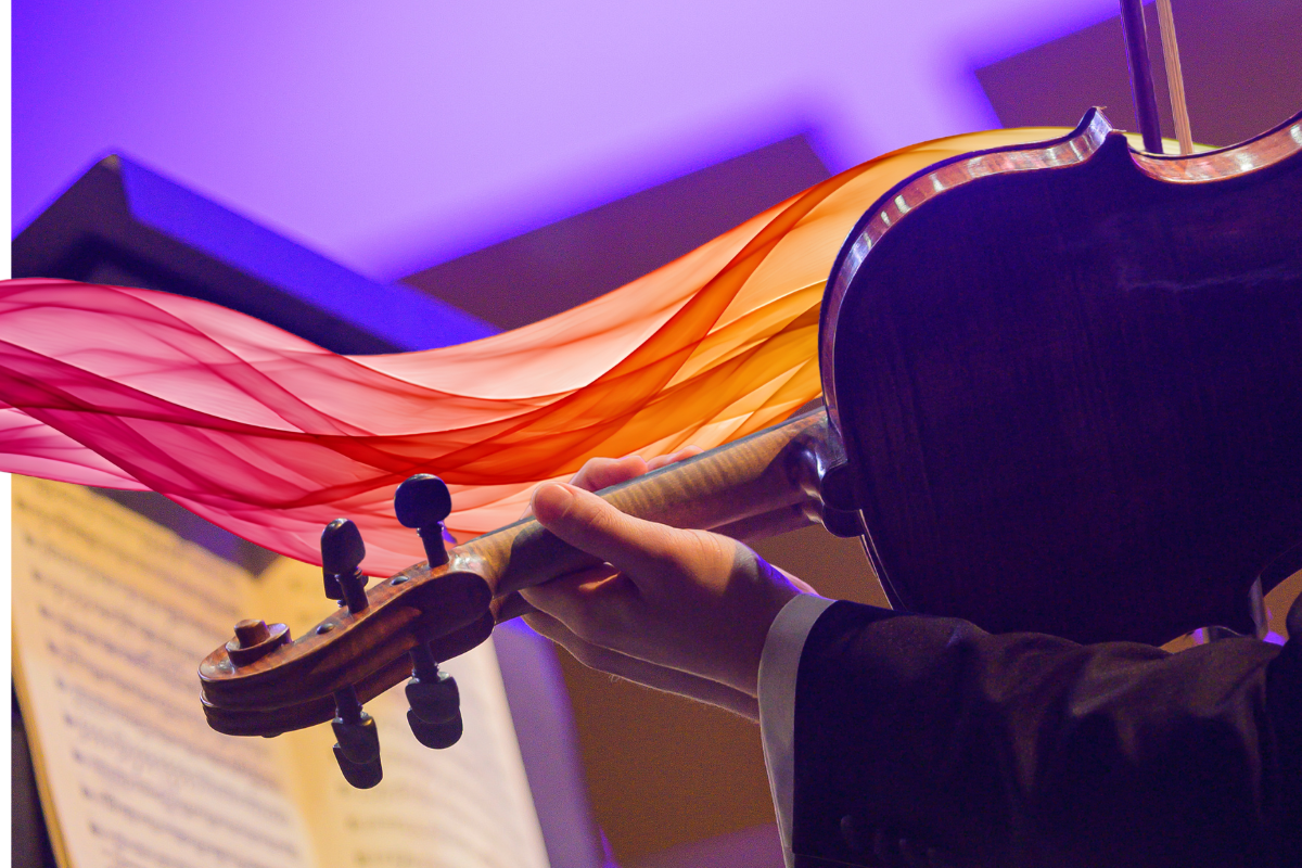 An NHSO musician holds their string instrument - all that is visible is their hand on the scroll. A bright-colored artistic swoosh is coming out of their instrument.